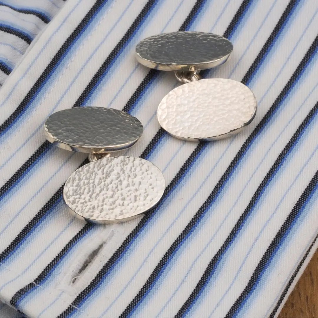 Men Chain Cufflink Hammered Men's Sterling Silver Oval Luxury Chain Cufflinks