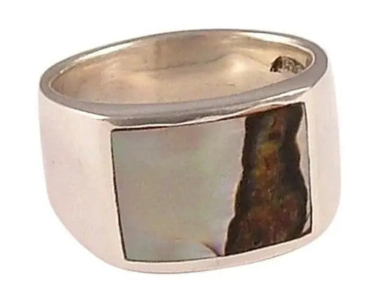 Personalised Sterling Silver Brown and White Mother of Pearl Mens Ring Hand Engraved